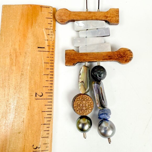 Artisan Pearl Abalone Lapis Lava Stone Beaded Bolo Style Necklace Boho Unique - Picture 4 of 5